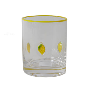 Transparent glass-style mouth cup with yellow rim and small lemon slice patch prints