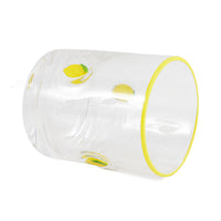 Transparent cylindrical mouth cup with yellow rim and scattered lemon patch graphics