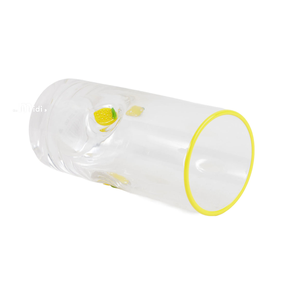 Tall clear lemon-print glass cup shown on its side, highlighting the yellow rim