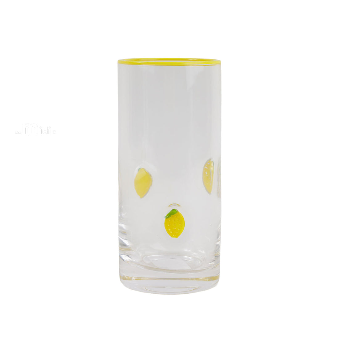 Tall clear glass cup with raised lemon accents and a thin yellow rim