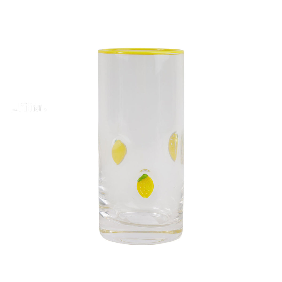 Tall clear glass cup with raised lemon accents and a thin yellow rim