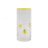 Tall clear glass cup with raised lemon accents and a thin yellow rim