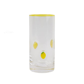 Tall clear glass cup with raised lemon accents and a thin yellow rim