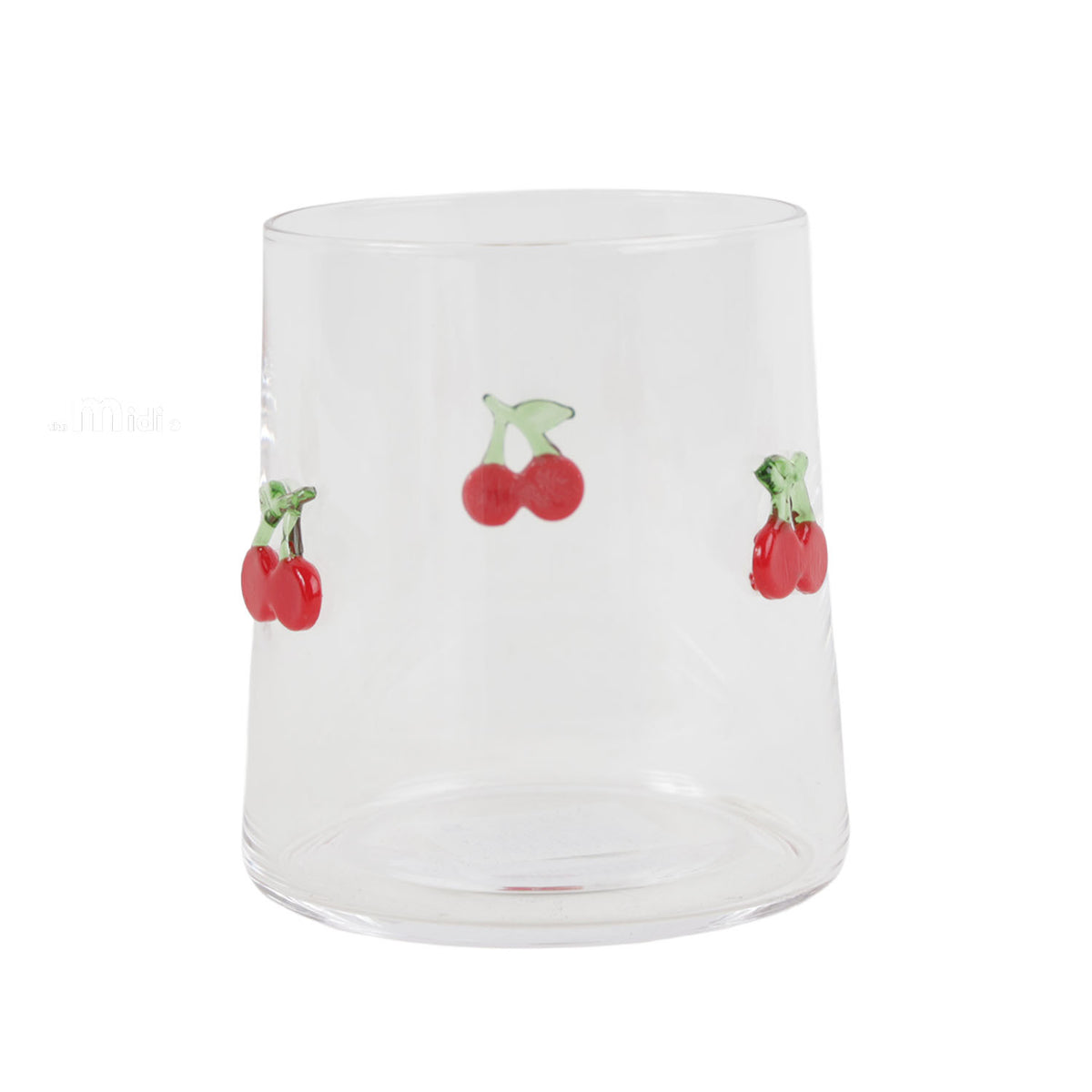 Clear glass tumbler with painted red cherry icons on the sides