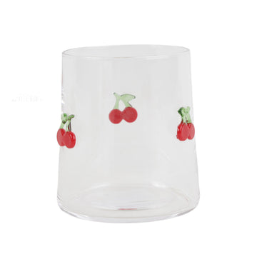 Clear glass tumbler with painted red cherry icons on the sides