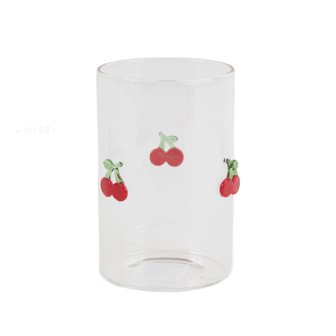 Glass tumbler with red cherry icons, clear cylindrical cup