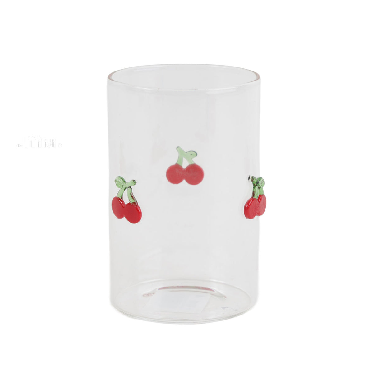 Glass tumbler with red cherry icons, clear cylindrical cup