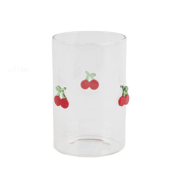 Glass tumbler with red cherry icons, clear cylindrical cup