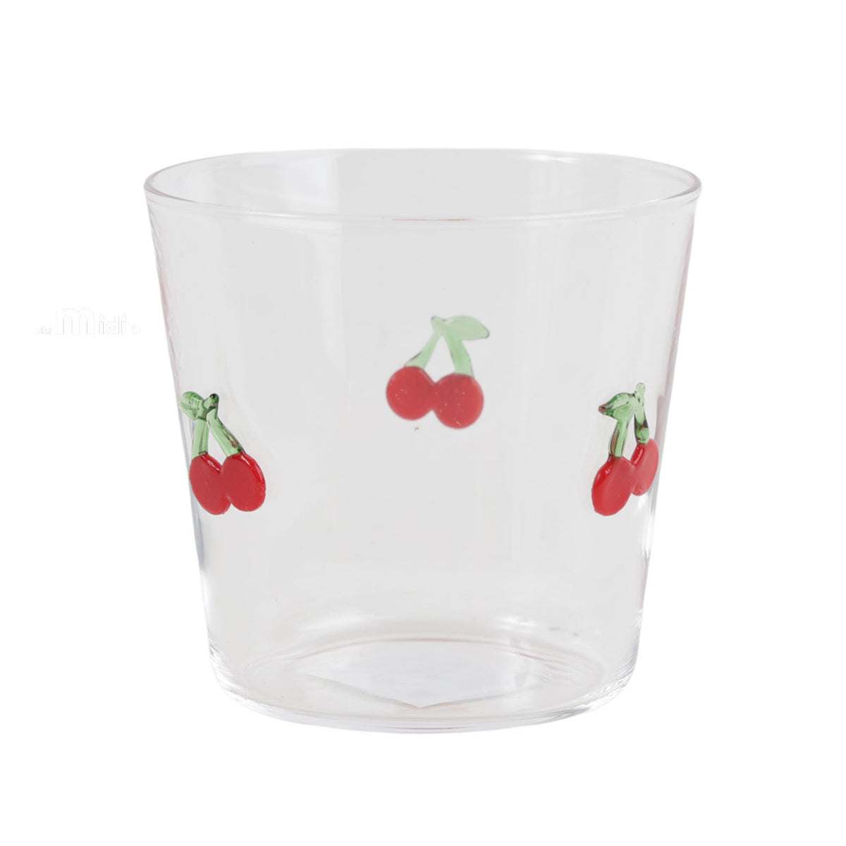 Clear short glass cup with red cherry motifs, shown upright with a gently flared rim
