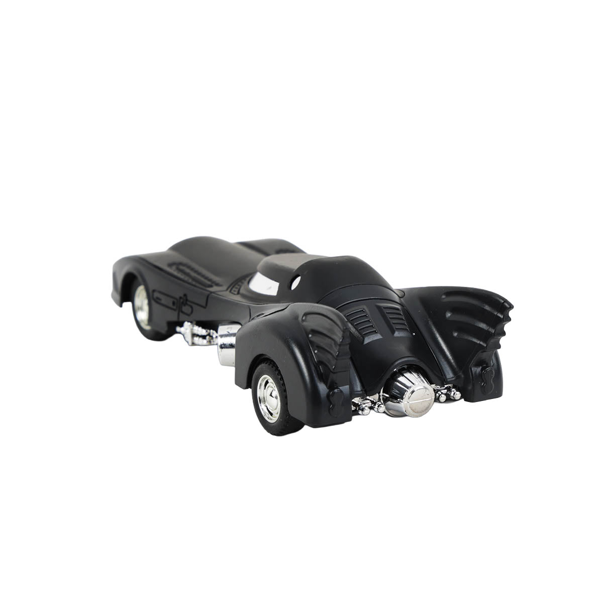 1:32 Batman pull-back alloy toy car rear three-quarter view, black body with chrome