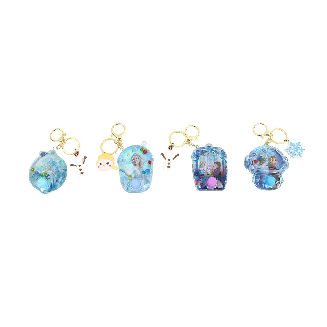 Hanging water ring game keychains, translucent blue bubble charms with snowflake details