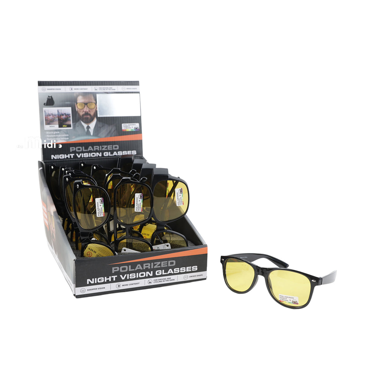 Night-vision sunglasses with black rounded frames and yellow-tinted polarized lenses