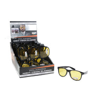 Night-vision sunglasses with black rounded frames and yellow-tinted polarized lenses