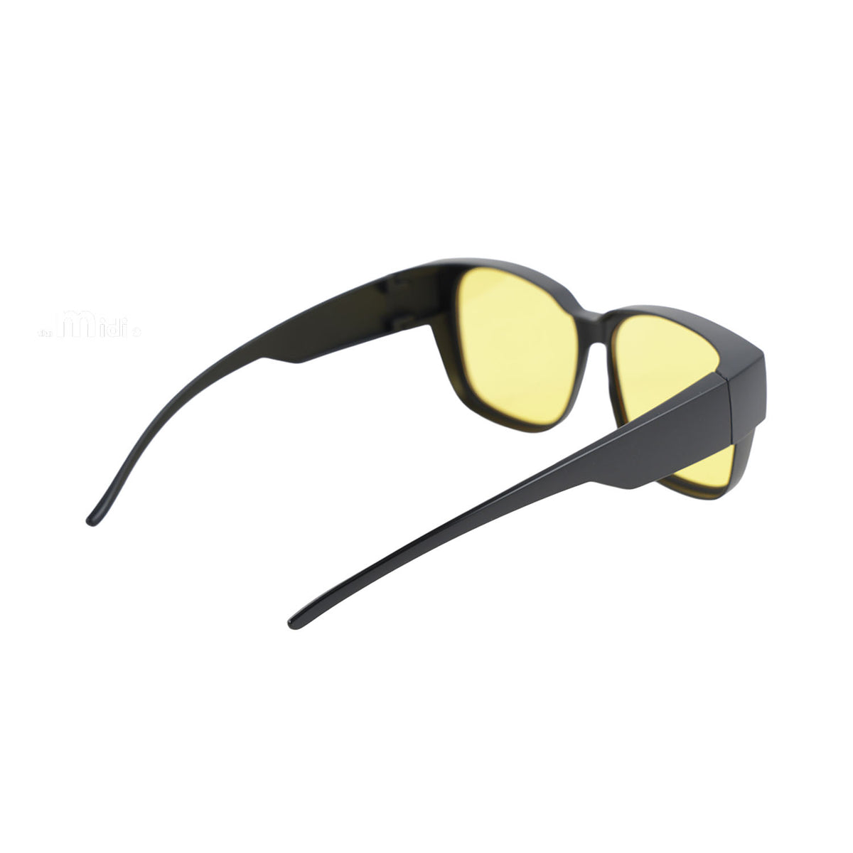 Night-vision sunglasses, side view, black aviator frames with yellow-tinted polarized lenses