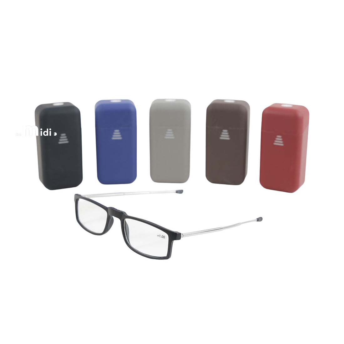 Foldable reading glasses with hard case, shown with multiple color cases and frames