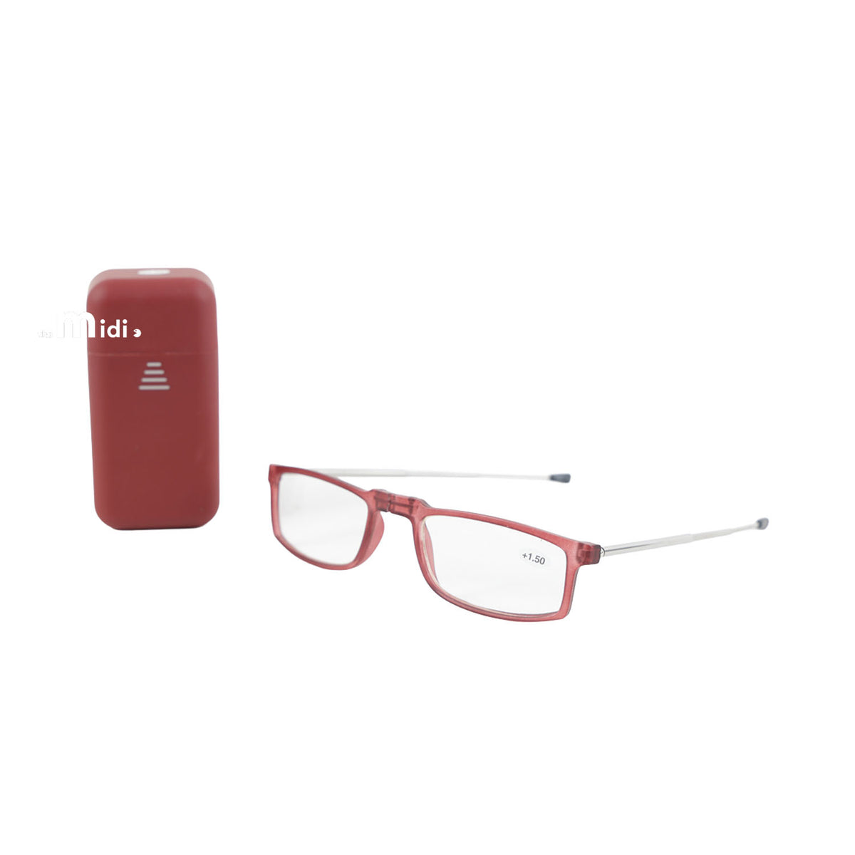 Red foldable reading glasses with hard case, rectangular frame and metal temples