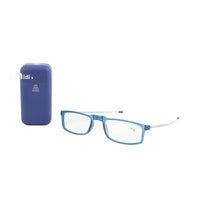 Blue foldable reading glasses with hard case, rectangular frame and metal temples