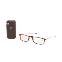 Brown foldable reading glasses with hard case, rectangular frame and metal temples