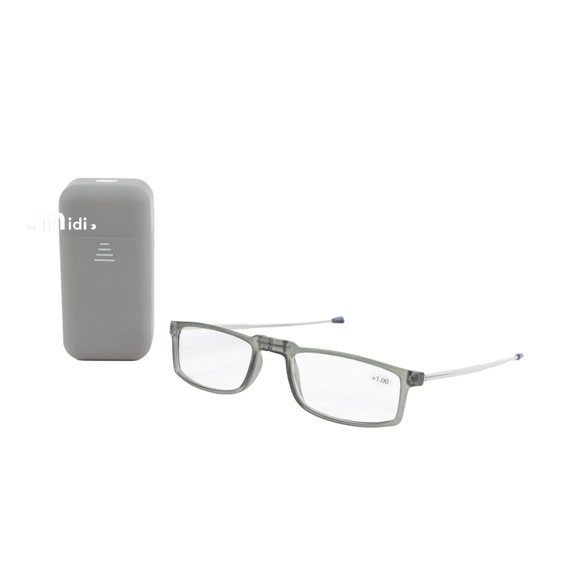 Gray foldable reading glasses with hard case, rectangular frame and metal temples