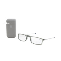 Gray foldable reading glasses with hard case, rectangular frame and metal temples