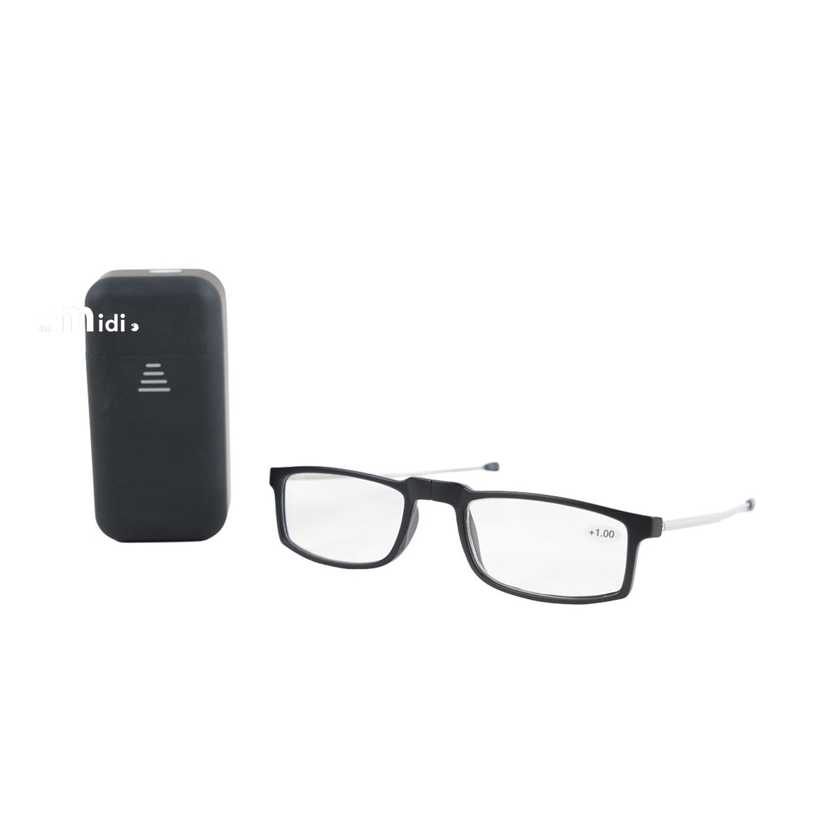 Black foldable reading glasses with hard case, rectangular frame and metal temples