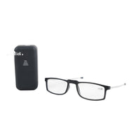 Black foldable reading glasses with hard case, rectangular frame and metal temples