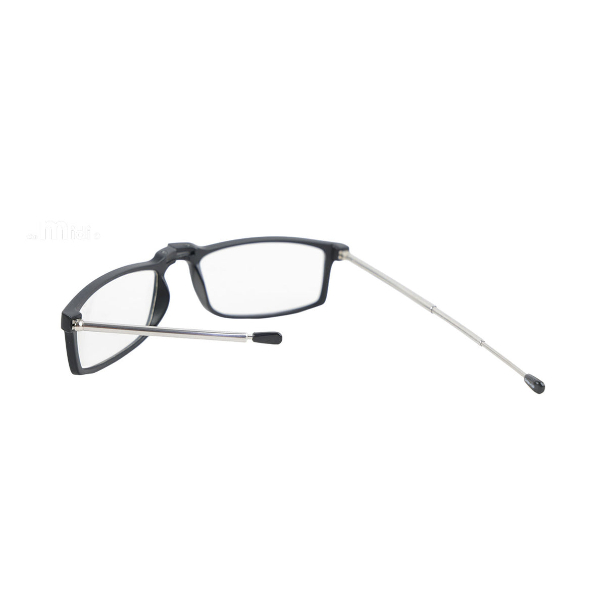 Foldable reading glasses with dark frame, side view with metal temples