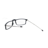Foldable reading glasses with dark frame, side view with metal temples