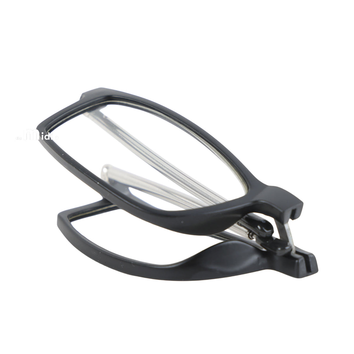 Foldable reading glasses folded with black hinge and protective outer frame