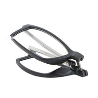 Foldable reading glasses folded with black hinge and protective outer frame