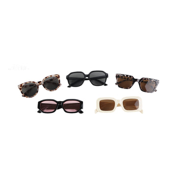Adult sunglasses in rectangle and cat-eye styles, shown in several frame colors