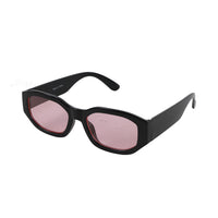 Black cat-eye sunglasses with pink-tinted lenses