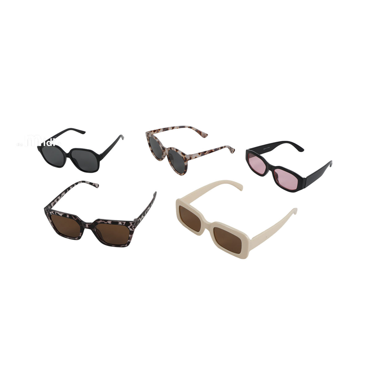 Assorted adult sunglasses showing multiple frame shapes and colors