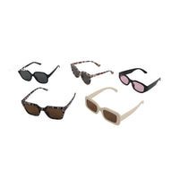 Assorted adult sunglasses showing multiple frame shapes and colors