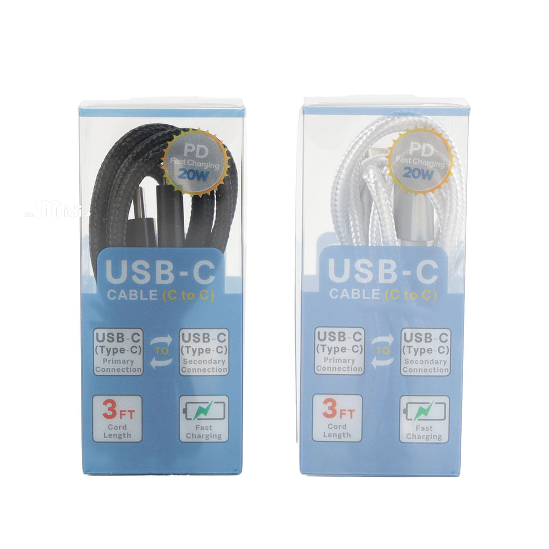 3 ft USB-C to USB-C charging cable in retail package, black cable
