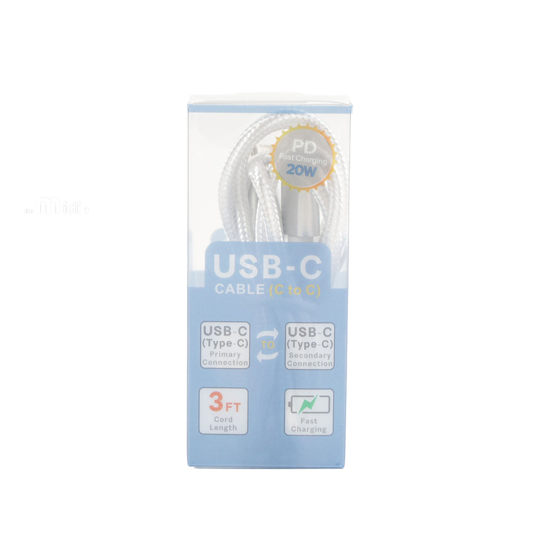 3 ft USB-C to USB-C charging cable in retail package, white cable