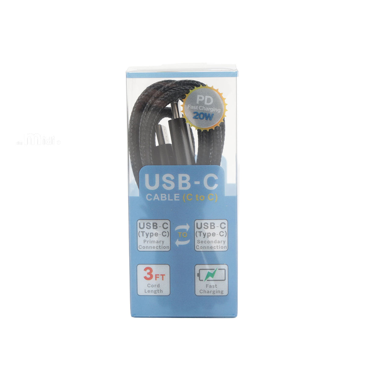 3 ft USB-C to USB-C charging cable retail package, black cable front view