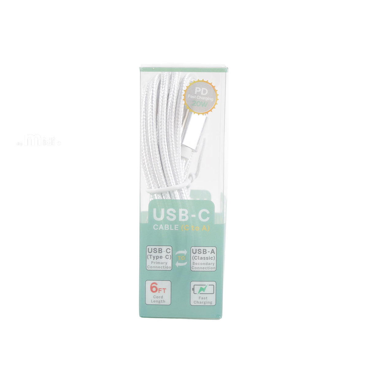 6 ft USB-A to USB-C charging cable in white box, PD 20W