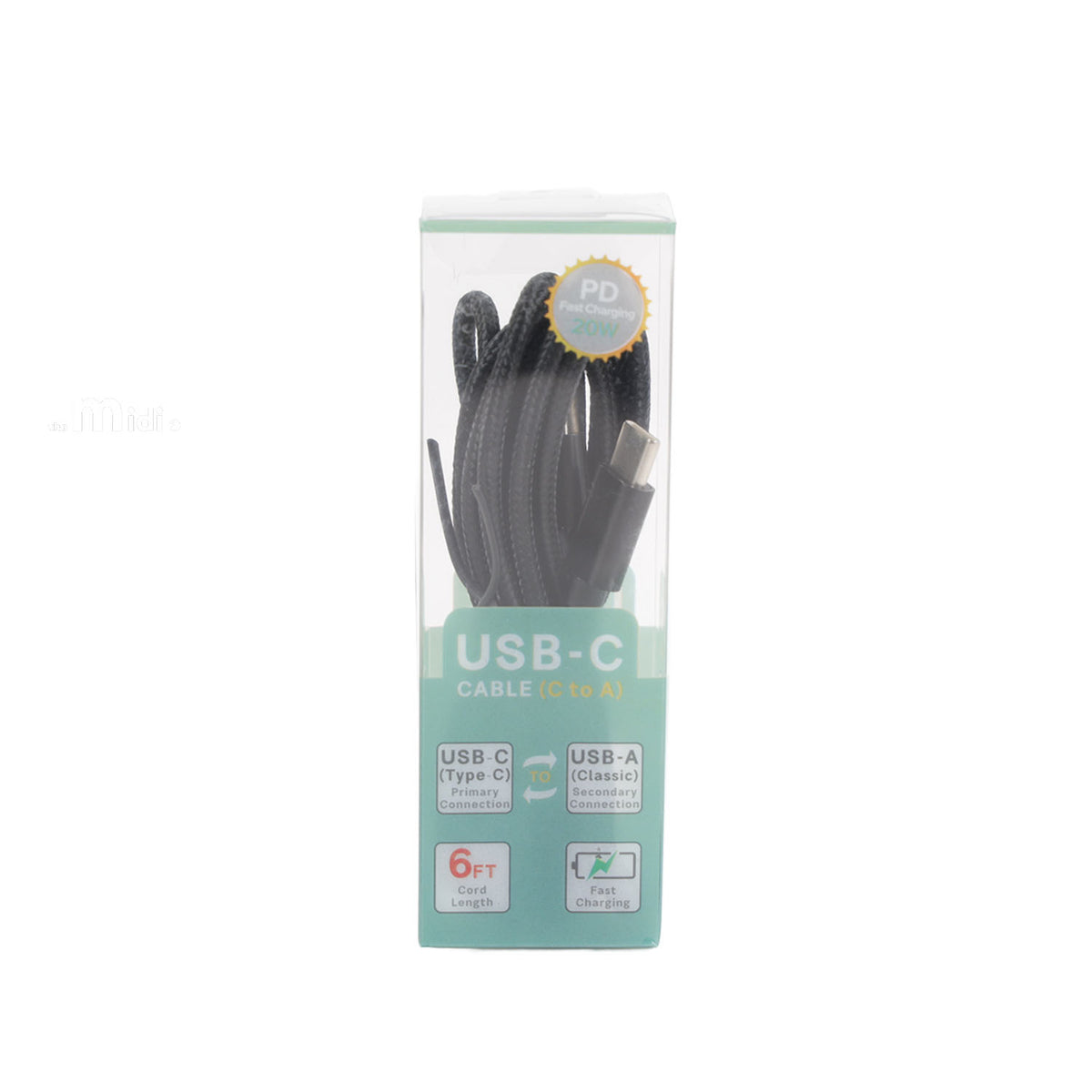 6 ft USB-A to USB-C charging cable in black box, PD 20W
