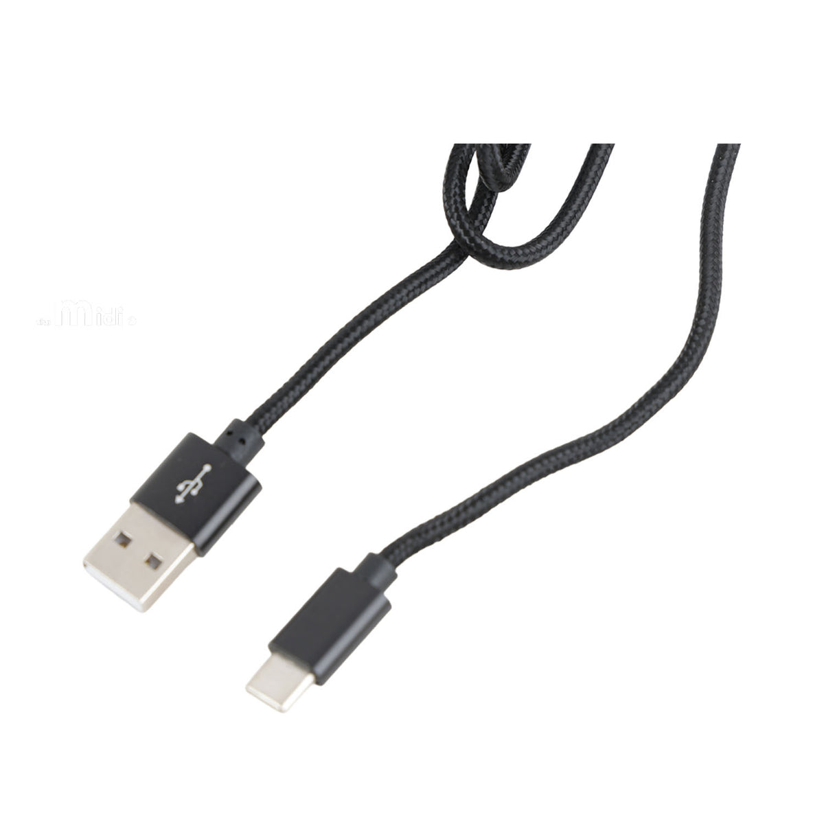 USB-A to USB-C charging cable close-up with USB-A and USB-C ends, black braided
