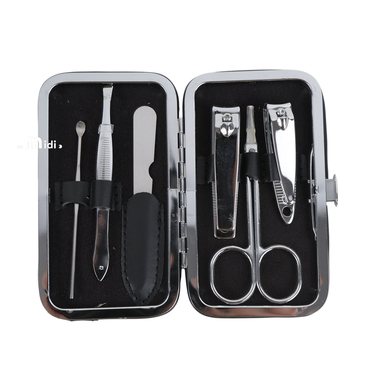 Manicure tools set in open case with nail clippers, scissors, and files