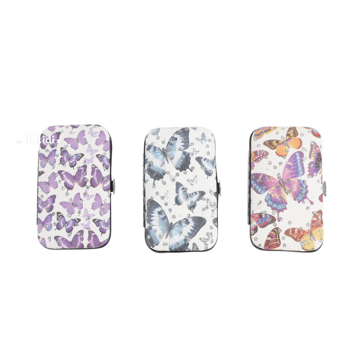 Butterfly manicure case with purple butterfly pattern, zipper closure.