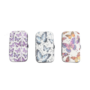 Butterfly manicure case with purple butterfly pattern, zipper closure.