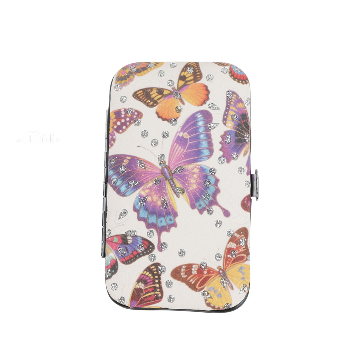 Butterfly manicure case with multicolor butterfly print on a light background.