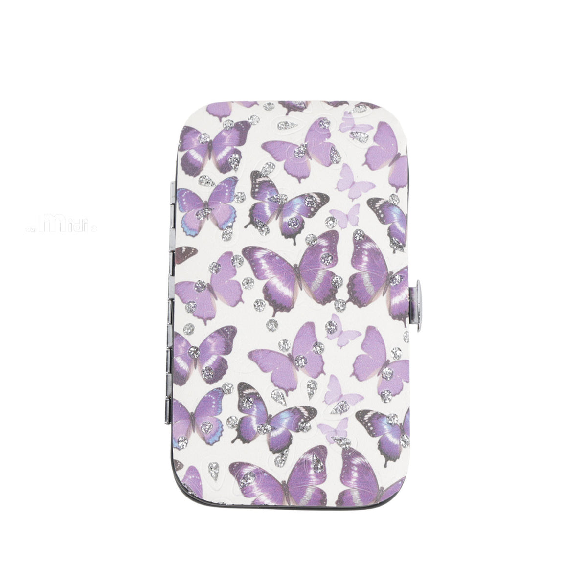 Butterfly manicure case with purple butterfly silhouettes and metal clasp sides.