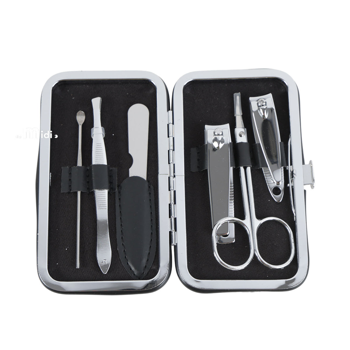 Open butterfly manicure set case with metal nail clippers, file, and tools.