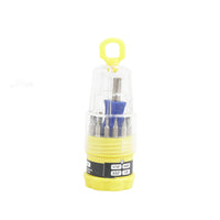 Mini screwdriver bit set with clear case, yellow base, blue insert, and multiple driver bits