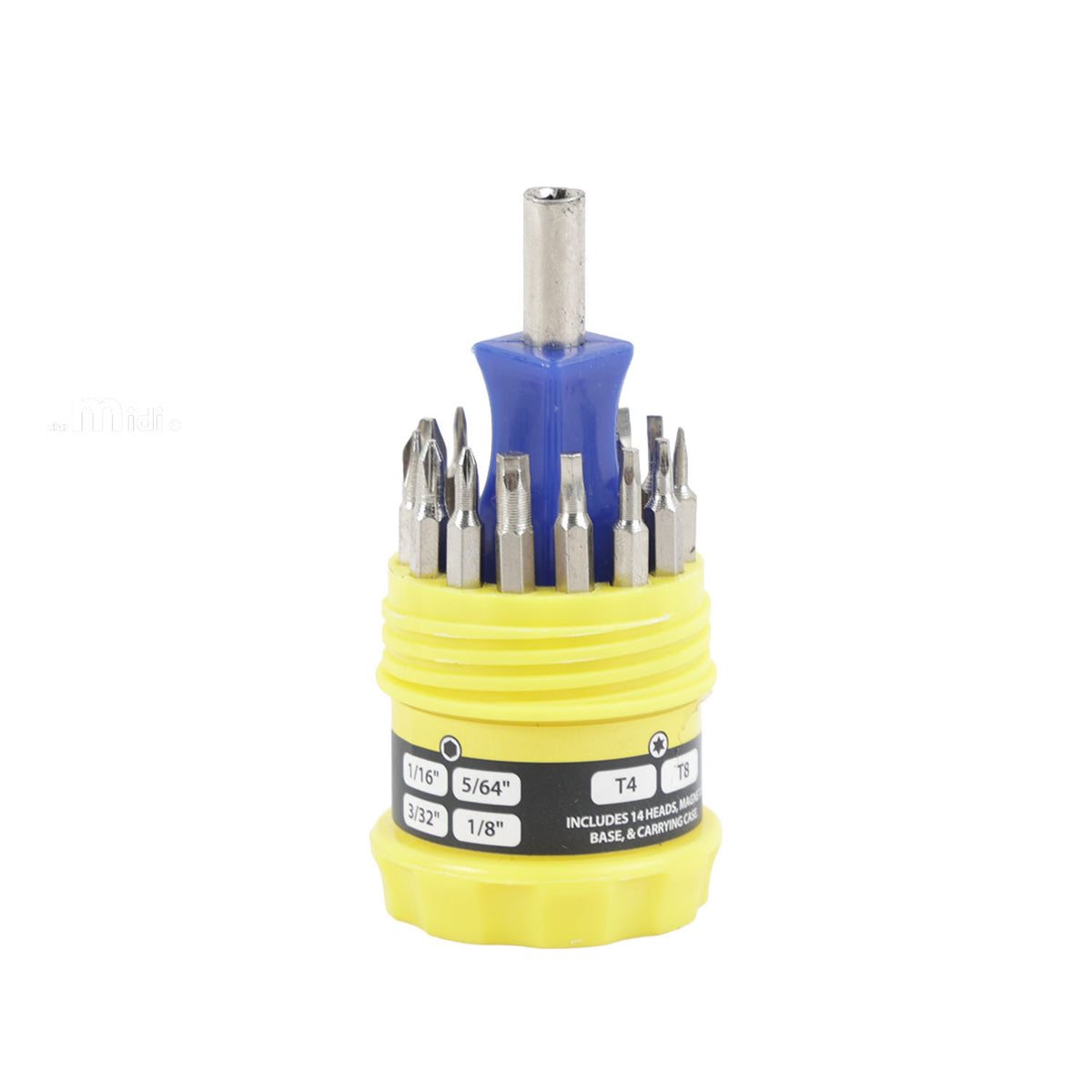Mini screwdriver bit set with blue top, yellow base, and assorted metal bits in holder