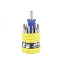 Mini screwdriver bit set with blue top, yellow base, and assorted metal bits in holder