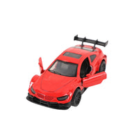 Red 1:43 scale pull-back sports car with black rear wing and open door